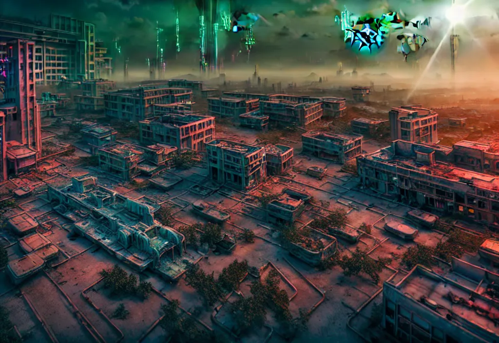 Image similar to A highly detailed crisp unreal engine render of aerial drone photo of A beautiful futuristic cyberpunk abandoned dystopia city building with neon fine lights, plants allover , godray, sunlight breaking through clouds, clouds, debris on the ground, abandoned machines bright colors, isometric, nitid horizon, factory by wangchen-cg, 王琛,Neil blevins, artstation, Gediminas Pranckevicius