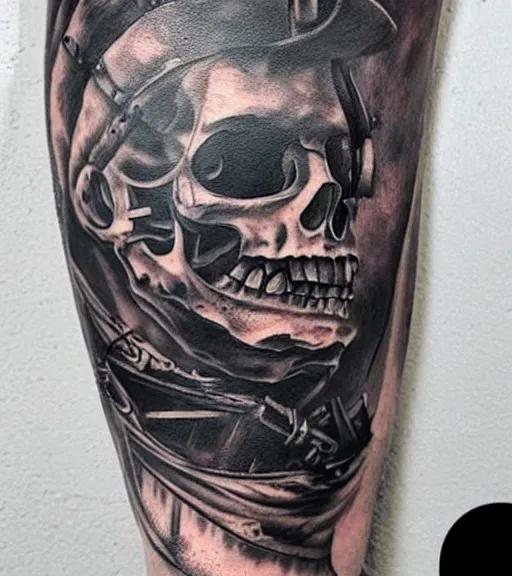 Image similar to A realistic painting of a pirate ship, realism tattoo design, white background, highly detailed tattoo, shaded tattoo, hyper realistic tattoo