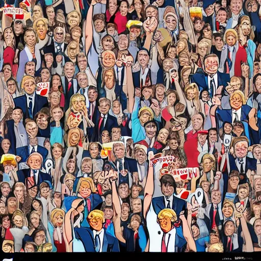 Image similar to enoumous crowd of millions of people, everyone is laughing and pointing at donald trump on a podium with not wearing pants. style of caricature drawing.