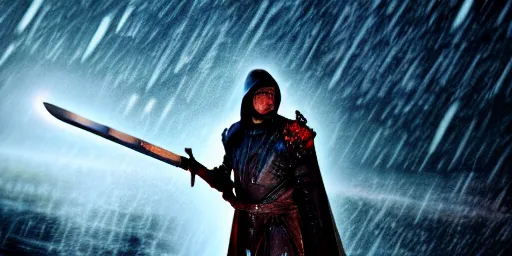 Image similar to The dark paladin with a heated sword in his hand and a burning flame with a sword in the rain. cinematic shot from back, realistic, 4K,