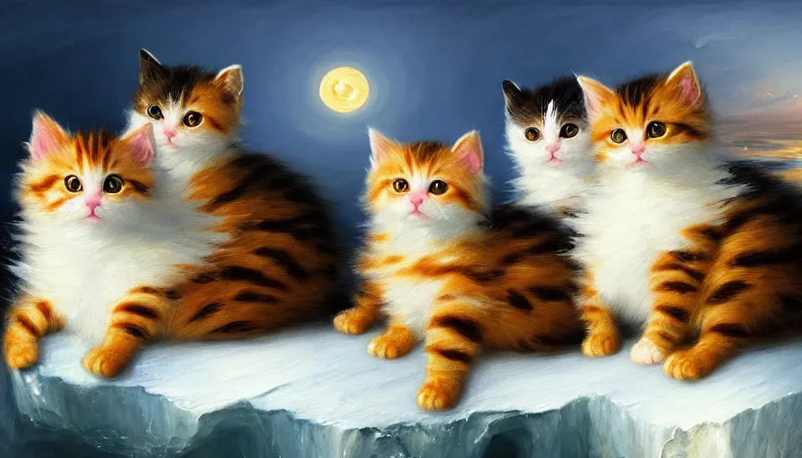 Prompt: highly detailed painting of cute baby furry pumpkin kitty cats on a blue and white iceberg by william turner, by greg rutkowski, by william constable, thick brush strokes and visible paint layers, 4 k resolution
