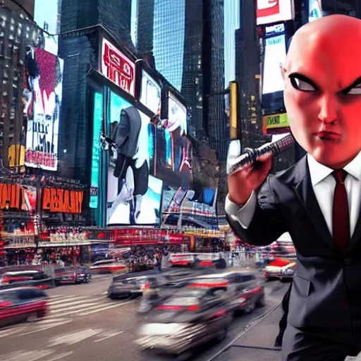 Prompt: a picture of agent 4 7 swinging in nyc times square, photorealistic