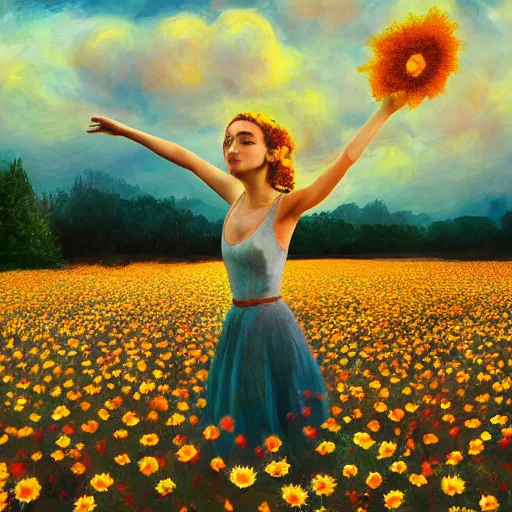 Image similar to giant daisy flower as head, girl dancing in a flower field, surreal photography, sunrise, dramatic light, impressionist painting, colorful clouds, digital painting, artstation, simon stalenhag