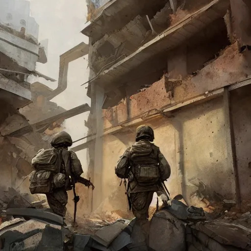 Prompt: American soldiers entering the ruins of an apartment, cinematic, professional photography, low-angle, behance, digital art, WLOP, Mandy Jurgens, ArtStation