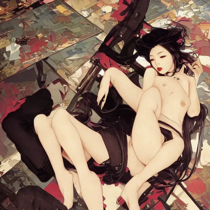 Image similar to lounging japanese girl, full body, high fashion, latex, urban, sharp, flowing, slick, highly detailed, concept art, digital art, smooth, sharp focus, hd, art by greg rutkowski and alphonse mucha and annie leibovitz