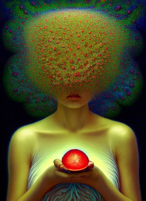 Image similar to hyper detailed 3d render like a Oil painting - Aurora (Singer) Eats of the Strangling Fruit of penance open eyes and Her Hands full of gossamer polyp blossoms bring iridescent fungal flowers whose spores black the foolish stars by Jacek Yerka, Mariusz Lewandowski, Houdini algorithmic generative render, Abstract brush strokes, Masterpiece, Edward Hopper and James Gilleard, Zdzislaw Beksinski, Mark Ryden, Wolfgang Lettl, hints of Yayoi Kasuma, octane render, 8k