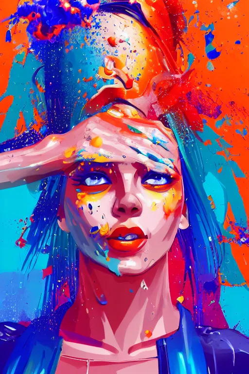 Image similar to a award winning half body portrait of a beautiful woman in a croptop and cargo pants with ombre orange blue teal hairstyle with head in motion and hair flying, paint splashes, splatter, outrun, vaporware, shaded flat illustration, digital art, trending on artstation, highly detailed, fine detail, intricate