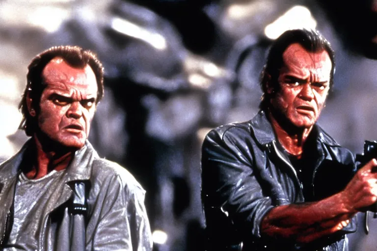 Image similar to Jack Nicholson plays Terminator, scene where he saves Sarah Connor, still from the film