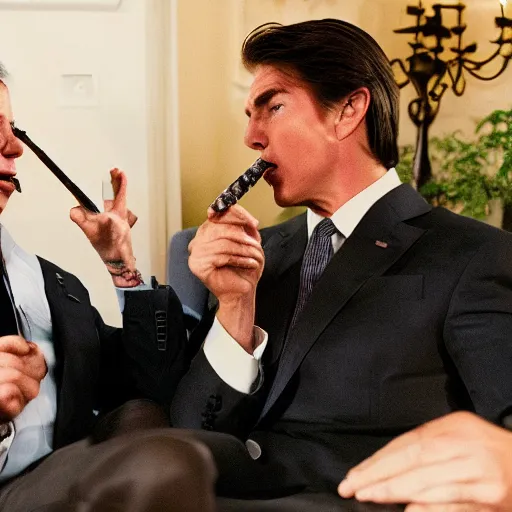 Image similar to stoned tom cruise and stoned joe biden smoking a bong together, award winning candid photography