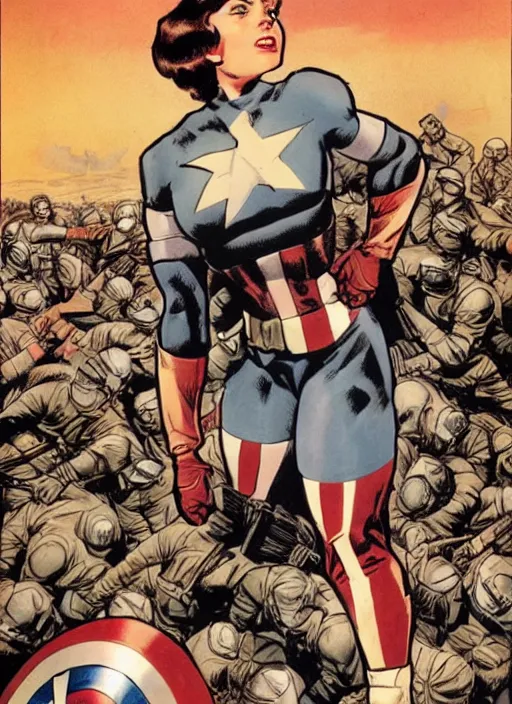 Image similar to beautiful female captain america standing on a pile of defeated, beaten and broken german soldiers. feminist captain america wins wwii. american wwii propaganda poster by james gurney. gorgeous face. overwatch. ralph bakshi