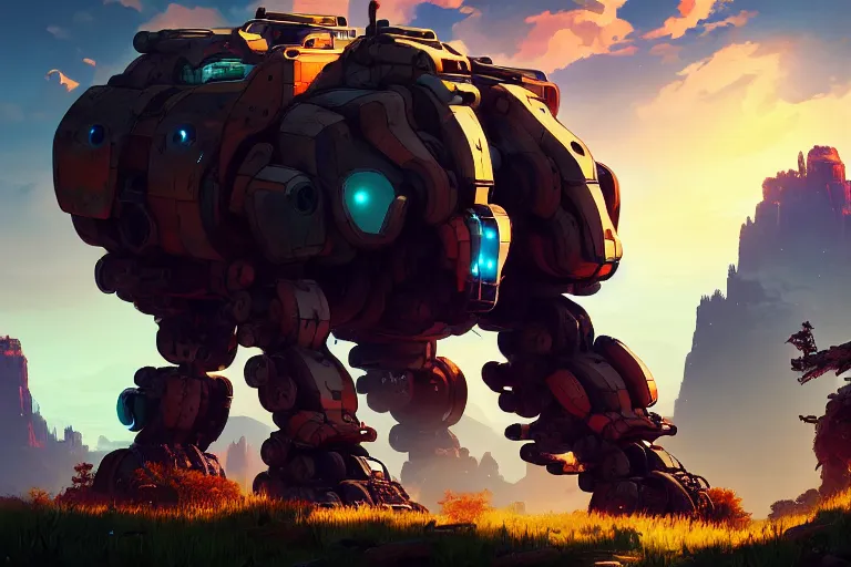 Prompt: bear - mecha - tank machine mecanical creature robot of horizon forbidden west horizon zero dawn radiating a glowing aura global illumination ray tracing hdr fanart arstation by ian pesty and alena aenami artworks in 4 k