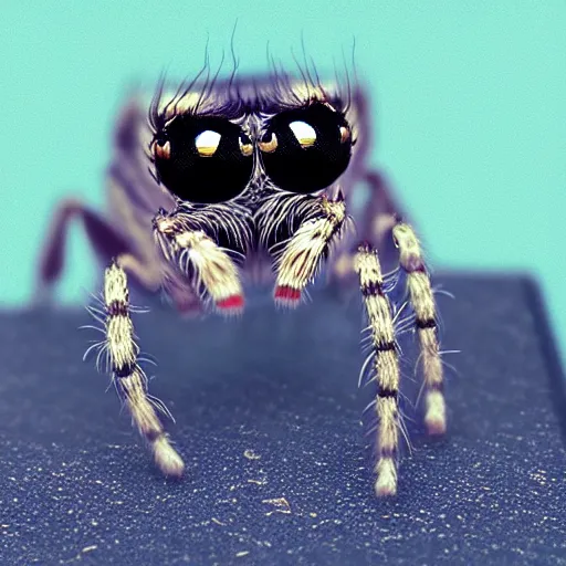 Image similar to a jumping spider using tiny computer keyboard tiny, by pixar, macro lens, iridescent, photomontage