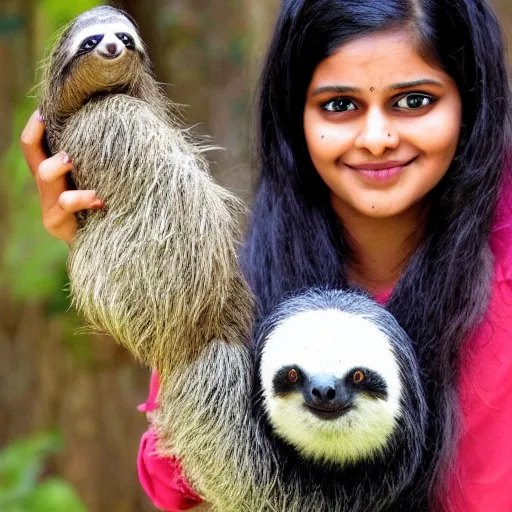 Image similar to a beautiful young indian cottagecore witch holds a cute sloth, traditional disney, still from movie, award winning