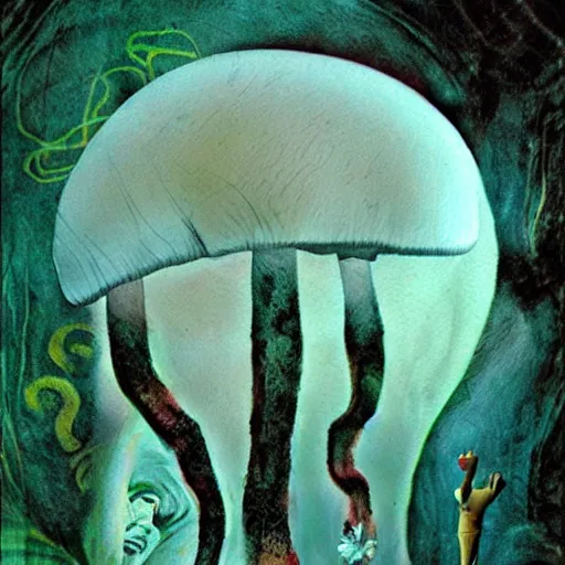 Image similar to psychedelic mushrooms dream, by dave mckean