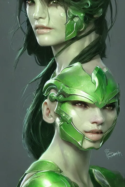 Image similar to green human faced orc female, light green tone beautiful face, plated armor intricate, elegant, highly detailed by artgerm, trending on artstation by greg rutkowski, by jeremy mann, digital painting