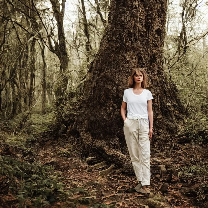 Prompt: a woman, in nature, backlit, wearing pants and a t-shirt, backlit, photo by Marat Safin, Canon EOS R3, f/1.4, ISO 200, 1/160s, 8K, RAW, unedited, symmetrical balance, in-frame