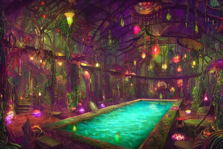 Prompt: pool inside a ornated dark room, colorful lights, sparkles, magical botanic, by magic the gathering
