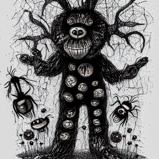 Image similar to dark art cartoon grunge drawing of a teddy bear made of spiders playing with toys with bloody eyes by tim burton - loony toons style, horror theme, detailed, elegant, intricate, trending on art station