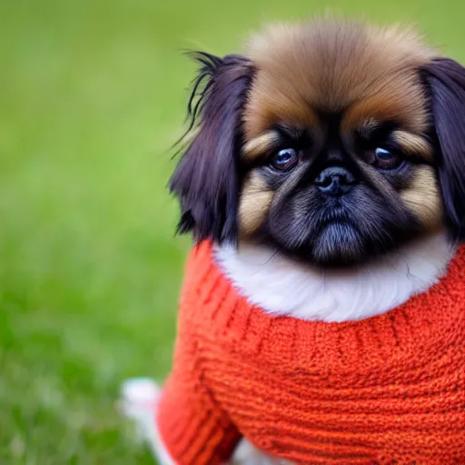 Prompt: a cute pekingese wearing a sweater, high resolution photo