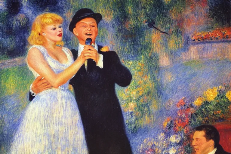 Image similar to frank sinatra and peggy lee singing at the hollywood bowl, by renoir and margaret keene and monet,