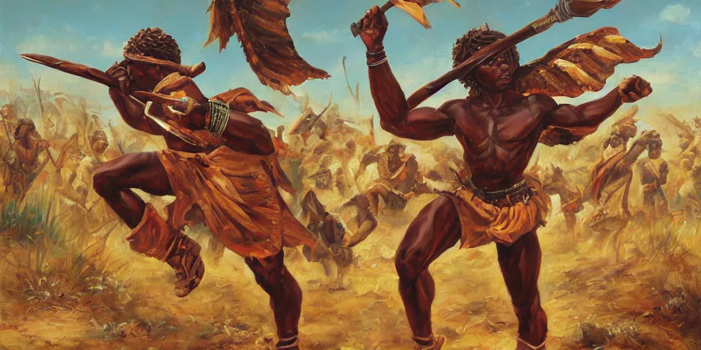 Prompt: one african american angel hoplite, fighting giant fantasy army, oil painting, masterpiece, sharp focus,