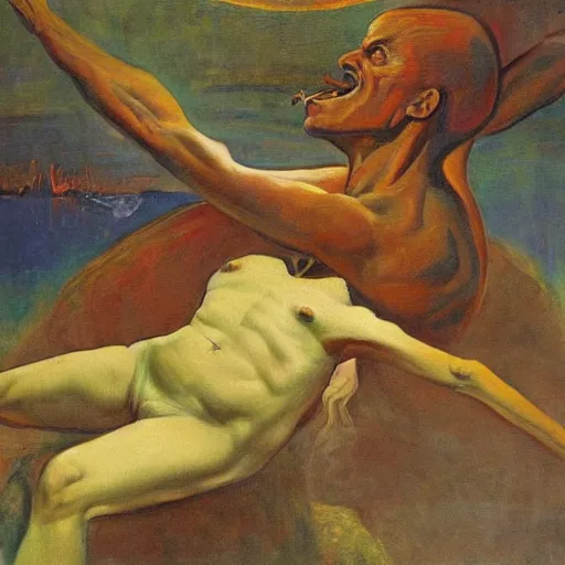 Image similar to a symbolist painting of a powerful alien president in the style of Jacek Malczewski, corrupt power