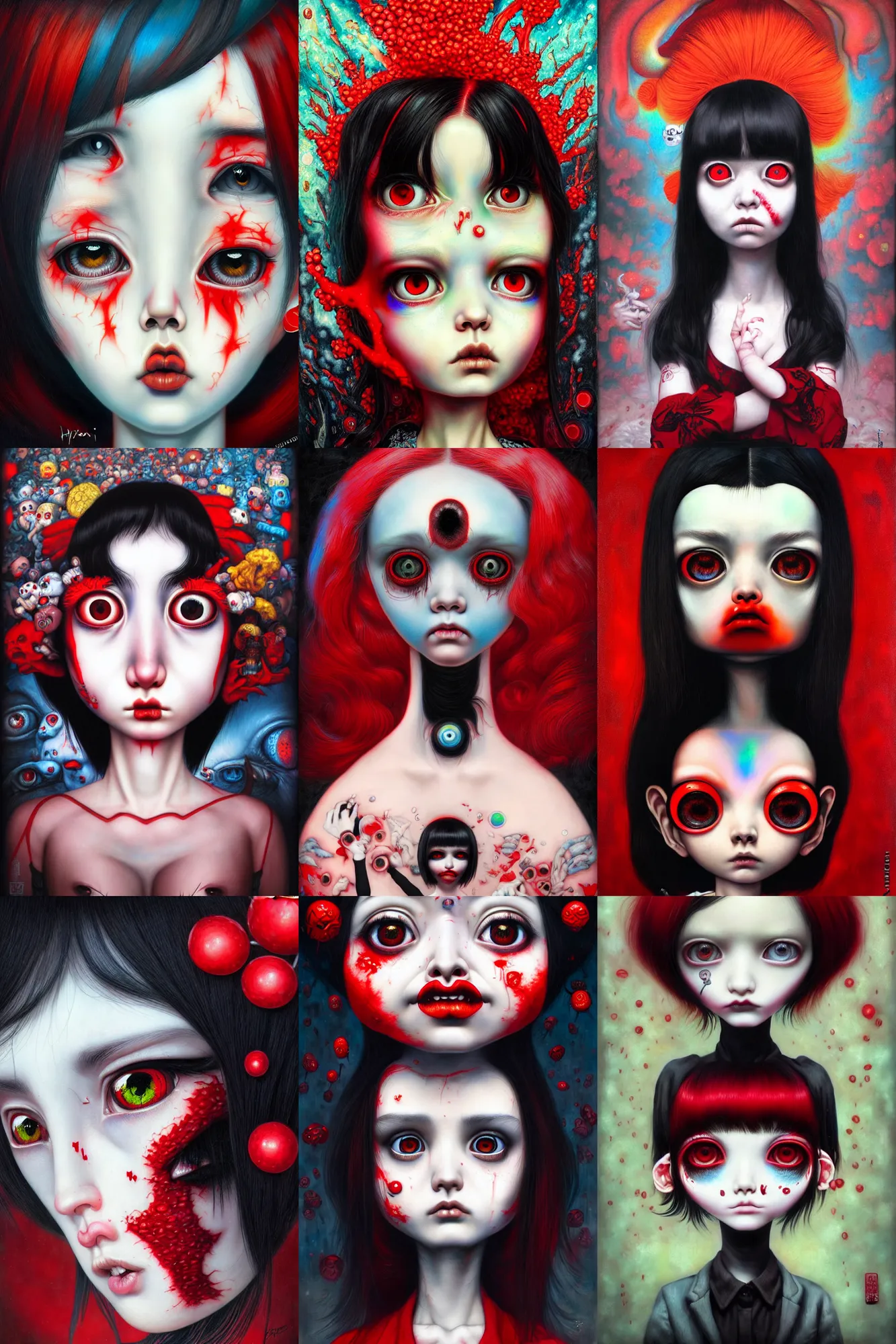 Image similar to a woman with red eyes and black hair, oil canvas art style by hikari shimoda, guillermo del toro and mark ryden, featured on cgsociety, pop surrealism, daz 3 d, anaglyph effect, iridescent, masterpiece