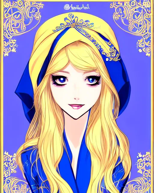 Image similar to a blonde woman wearing a blue veil and blue robes with ornate patterns, webcomic style | | very very manhwa!!!, fine - face, realistic shaded perfect face, fine details. manhwa. realistic shaded lighting poster