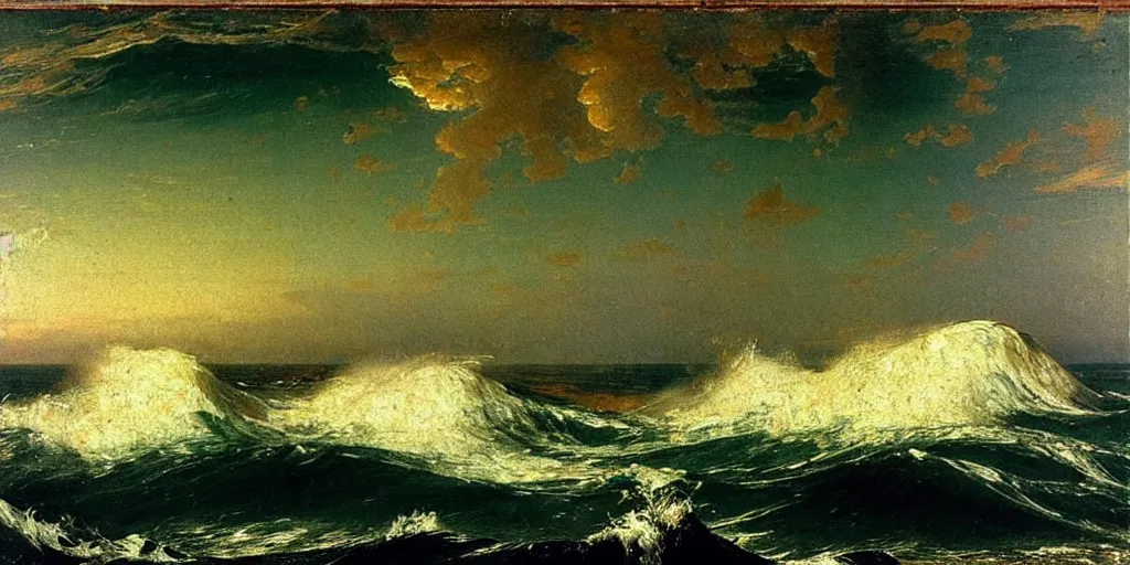 Prompt: “ ( ( ( ( ( rough waves on the ocean at night, the boat is on fire ) ) ) ) ) painted by john frederick kensett!!!!!!!!!! ”