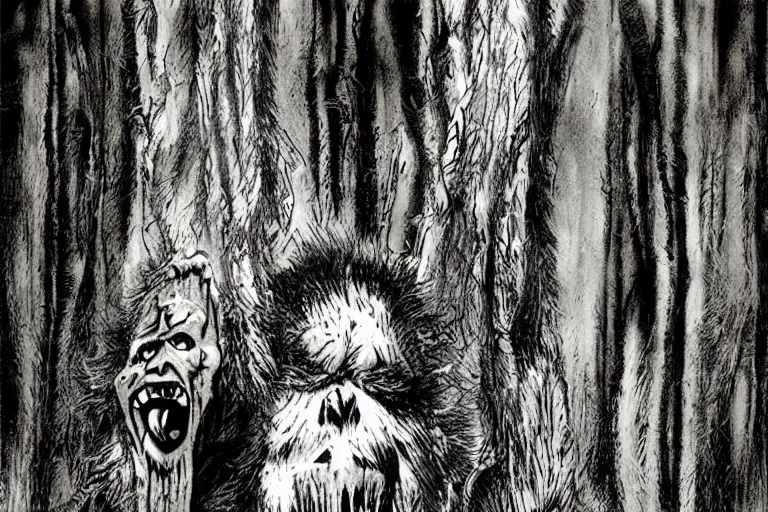 Image similar to mad bigfoot screaming in the woods artwork by ben templesmith