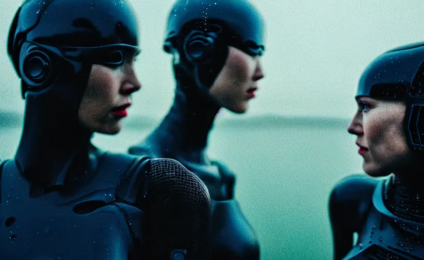 Image similar to cinestill 5 0 d candid action photographic portrait by christopher nolan of two loving female androids wearing rugged black mesh techwear in treacherous waters, extreme closeup, modern cyberpunk retrofuturism moody emotional cinematic, pouring iridescent rain, 8 k, hd, high resolution, 3 5 mm, f / 3 2, motion blur, ultra realistic faces, ex machina