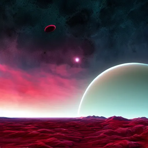 Prompt: A realistic red alien landscape with a purple ocean, green sky, clouds, and two moons, trending on artstation, 4k, 8k, photorealistic imagery, landscape imagery.