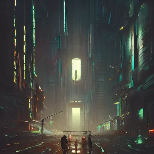 Image similar to gigantic cyberpunk megastructure, sidewalk, size comparsion, night, dramatic lighting, chiaroscuro, high detail, painted by greg rutkowski, painted by igor kieryluk, painted by raymond swanland, trending on artstation