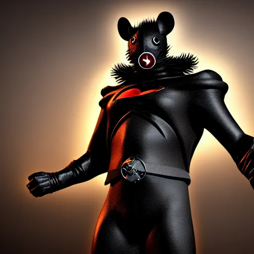 Image similar to hyper realistic digital art of ratman, a superhero with the powers of a rat in a black armor with a logo of the letter r on it, highly detailed, beautiful, very realistic, ultra hd, unreal engine