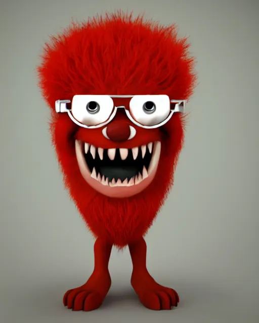 Image similar to 3 d render of completely red hairy friendly monster smiling wearing chrome shades, simple, cute, cartoony, white background, unreal engine 5 hdr