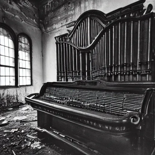 Image similar to black and white photo of a haunted pipe organ in an abandoned warehouse, dirty, hazy, depressing, haunted