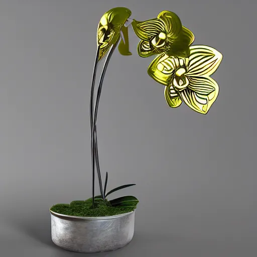 Image similar to metal orchid flower, retrofuturistic, reflective, shiny, high detail