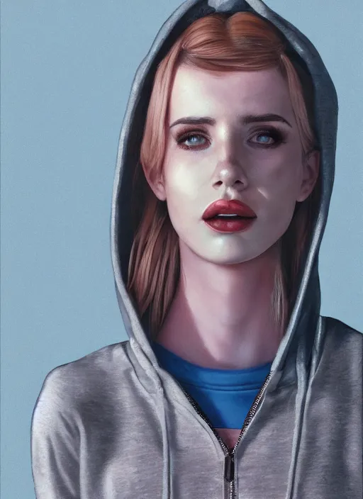 Image similar to still from music video of emma roberts from die antwoord standing in a township street, wearing a hoodie, street clothes, full figure portrait painting by martine johanna, ilya kuvshinov, craig mullins, pastel color palette, 3 5 mm lens