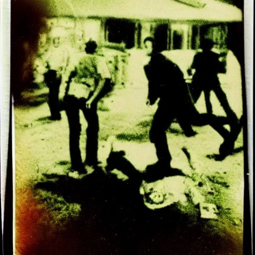 Prompt: a crime scene polaroid color photo of a zombie attack