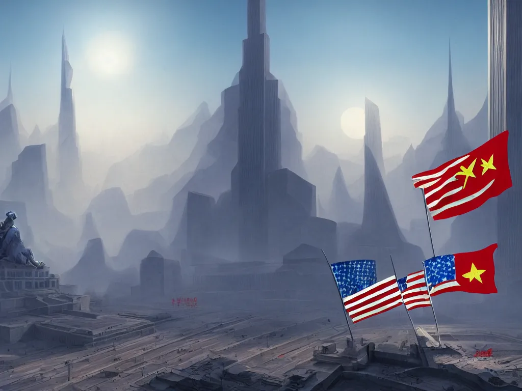 Prompt: landscape matte painting by fan wennan. communist american capitol megastructure shining in the sun after the triumph of socialism in america, communist american state flag, communist statue and emblem, digital painting, awe, bright future, hope, highly detailed, 4 k, artstation, photorealistic, architecture, america 2 0 9 8