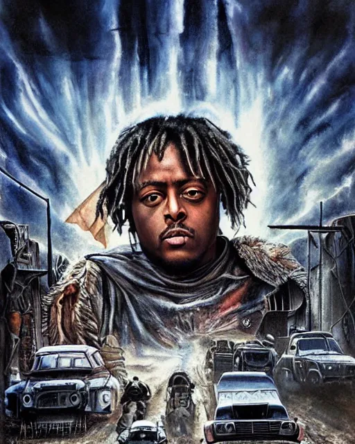 Image similar to juice wrld in dystopian raider mad max post apocalpytic, airbrush, drew struzan illustration art, key art, movie poster