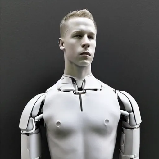 Image similar to “ a realistic detailed photo of a guy who is an attractive humanoid who is half robot and half humanoid, who is a male android, football player christian mccaffrey, shiny skin, posing like a statue, blank stare, on the bed, on display ”