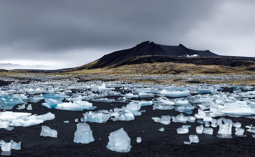 Image similar to icelandic landscape, moody, cinematic, muted colors, glaciers, ice, water