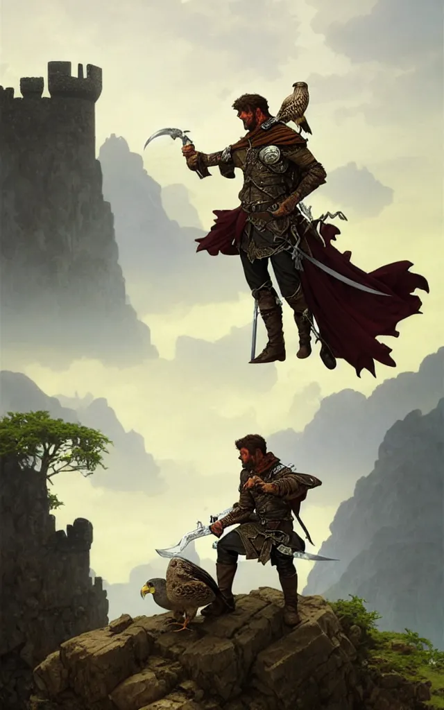 Image similar to rough middle age ranger with a falcon pet and a long sword, he is on top a cliff observing old ruins of a castle, elegant clothing, photorealistic render, matte patining, highly detailed, artstation, smooth, sharp focus, art by michael whelan, artgerm, greg rutkowski and alphonse mucha