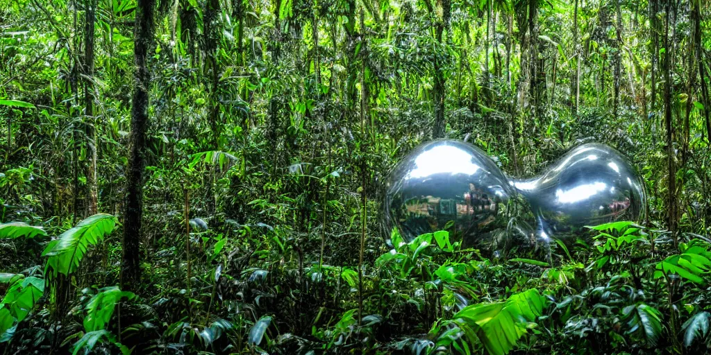 Prompt: photo of a chrome blob deep in the amazon jungle, wide shot