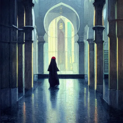 Image similar to detailed face of a woman, moment, courtyard, capital, cyberpunk mosque interior, control panel, watcher, omniscient, tech noir, wet reflections, impressionism, atmospheric, ambient, speed painting, livia prima, edward hopper