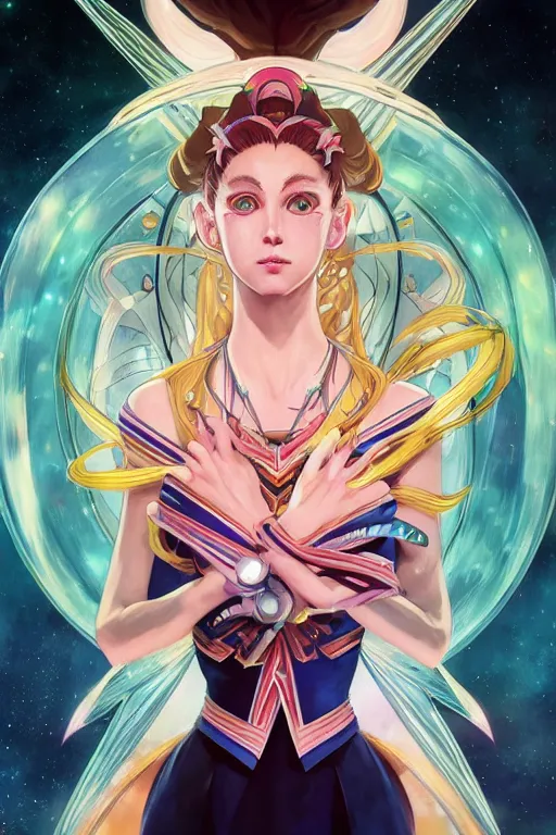 Image similar to symmetry!! portrait of sailor moon! alien in the style of horizon zero dawn, machine face, intricate, elegant, highly detailed, digital painting, artstation, concept art, smooth, sharp focus, illustration, art by artgerm and greg rutkowski and alphonse mucha, 8 k