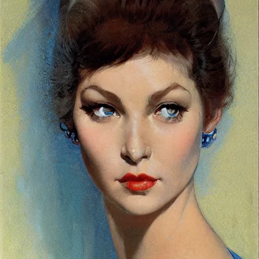 Image similar to Frontal portrait of a woman with ice blue eyes, by Robert McGinnis.