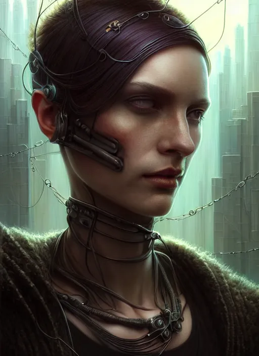 Image similar to closeup portrait shot of a cyberpunk female in a scenic dystopian environment, intricate, elegant, highly detailed, centered, digital painting, artstation, concept art, smooth, sharp focus, illustration, artgerm, tomasz alen kopera, peter mohrbacher, donato giancola, joseph christian leyendecker, wlop, boris vallejo