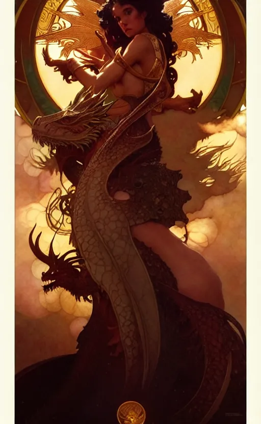 Image similar to magic gold dragon gorgeous lighting by weta studio, mucha, bautista and norman rockwell and greg rutkowski and tom bagshaw and james gurney and lucasfilm